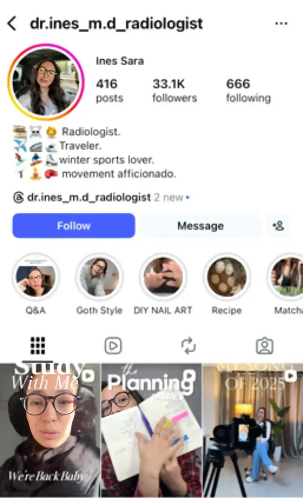 Inspiring female radiologist, Becoming a radiologist: training, daily life and challenges, Tips for success in medicine: motivation and perseverance, Role of the radiologist: diagnosis, medical imaging and patient contact, Women in medicine: breaking stereotypes and succeeding, Creating educational content: sharing your medical experience